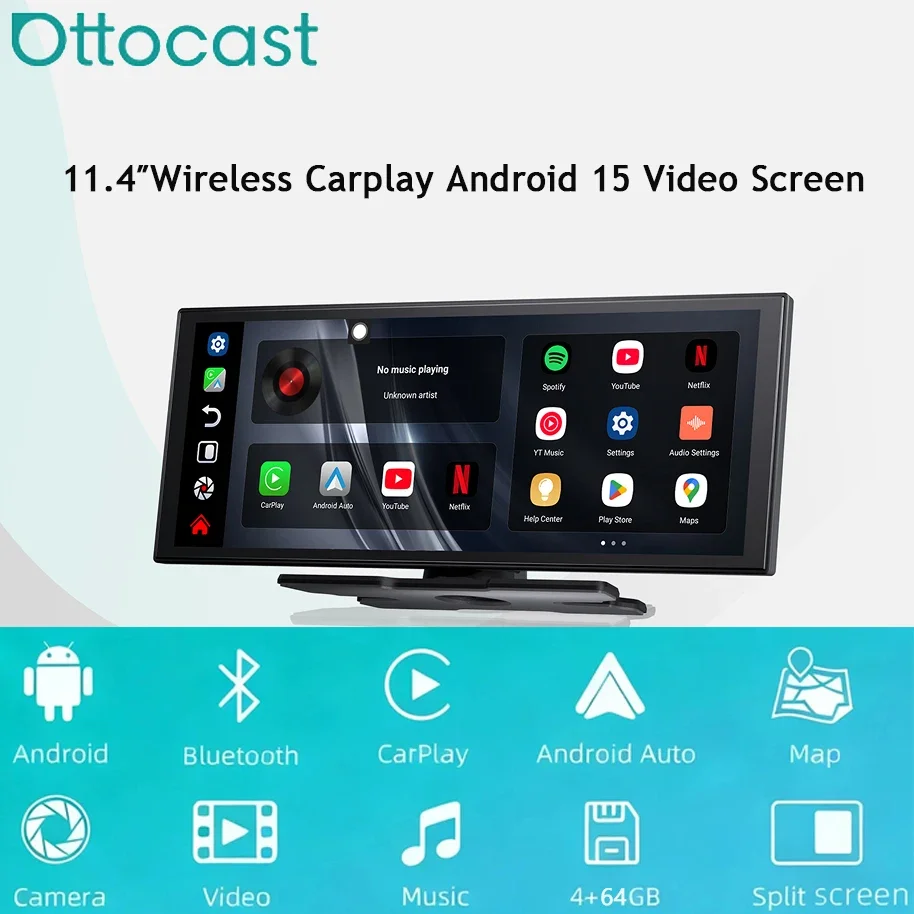 

Ottocast Ai 11.4" Wireless Carplay Screen Android 15 Car Radio Multimedia Video Split-screen For Netflix YouTube Play Store