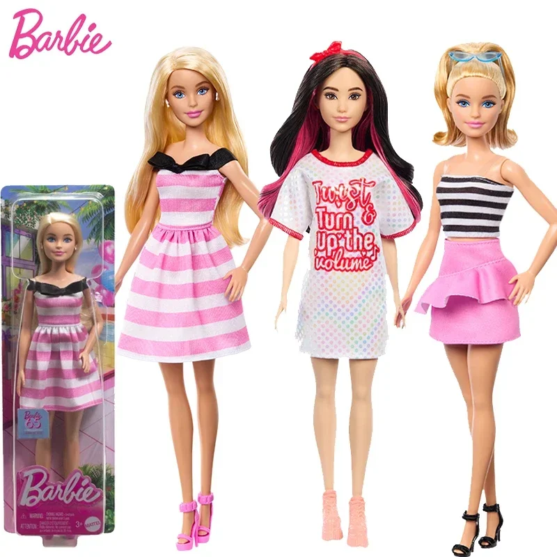 Oryginalne lalki Barbie Fashionista dziecięce zabawki dla dziewczynek 65-lecie włosy blond lalki akcesoria sukienka w paski Juguetes prezent