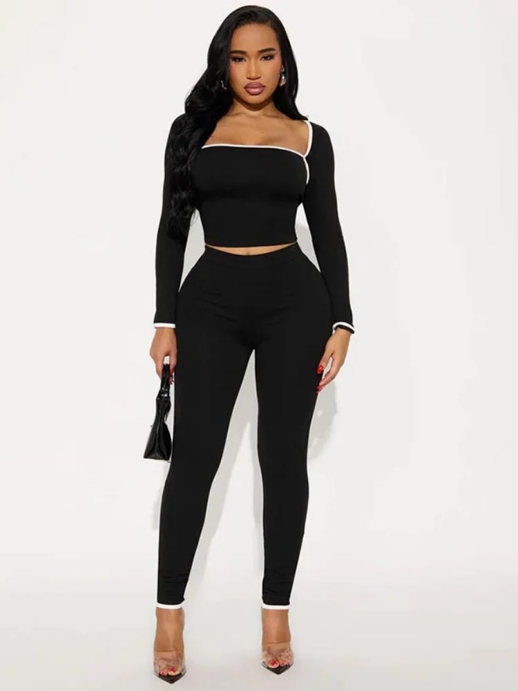 

Костюм Sister Star, модный топ с квадратным вырезом и контрастной цветной отделкой, топ с длинными рукавами, обтягивающие длинные брюки с высокой талией, комплект из двух предметов