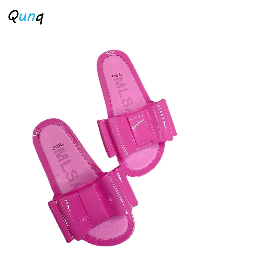 Qunq One Word Solid Jelly Bowknot Quick Dry Breathable Slipper Outdoor Beach Slipper Casual Lovely Flat Heel Shousehold Slippers