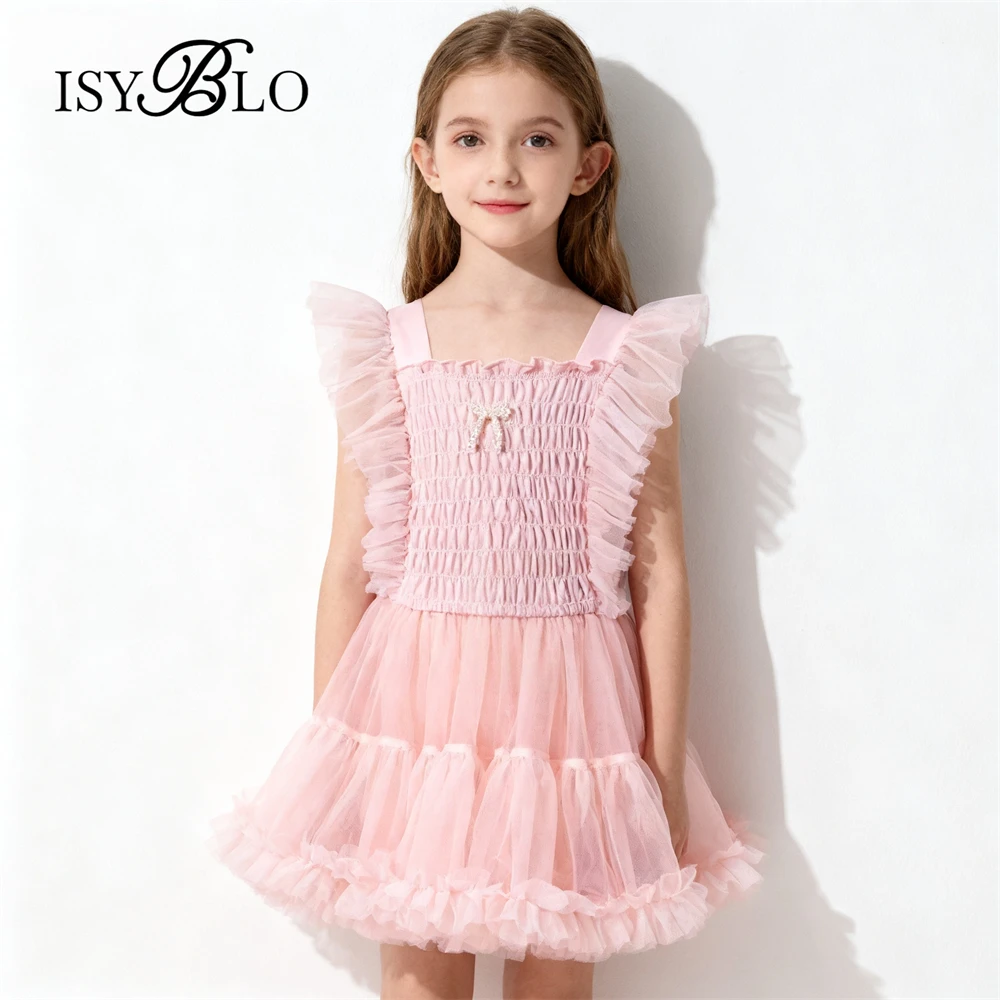 ISYBLO Flare Sleeves Tutu Dress for Children Above Knee Birthday Gift for Kids 90cm-130cm Forml Dress with Pearls Bow