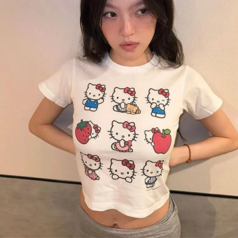 

Anime Sanrios Hello Kittys T-Shirt Women Summer Cartoon Printing Short Sleeve Fashion Crop Tops Girls Y2K Tees Trend Tops Gift