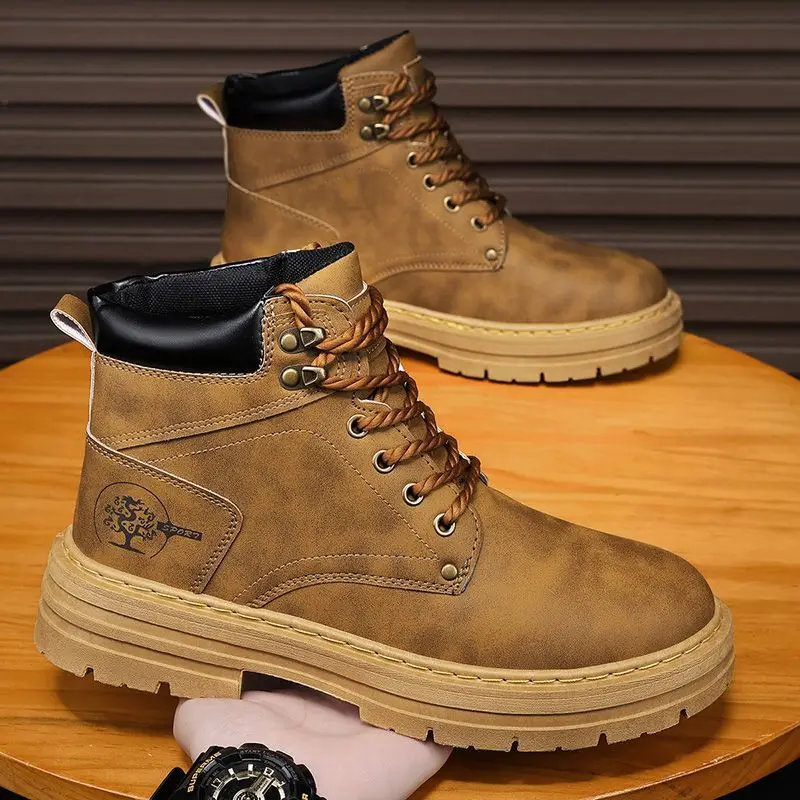 

Casual High-Top Boots Men's Versatile Thick Bottom Leisure Leather Shoes Workwear Style round Toe Soft Comfortable PU ...