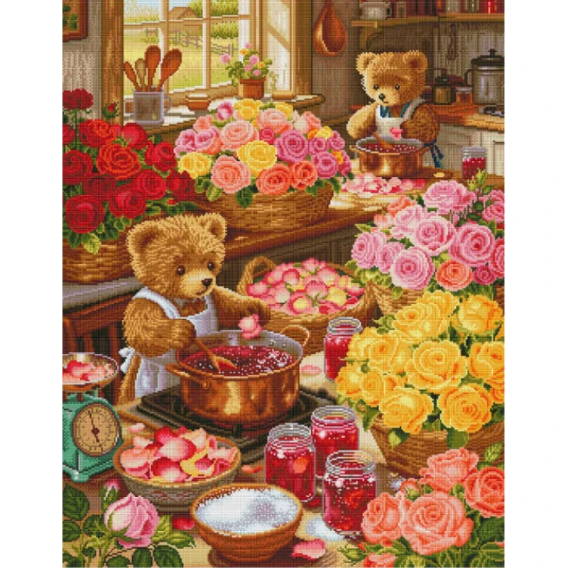 DIY Apron Teddy Bear Jam Making Rose Basket Kitchen Scenery Diamond Painting Mosaic Handmade Art Exquisite Wall Decoration