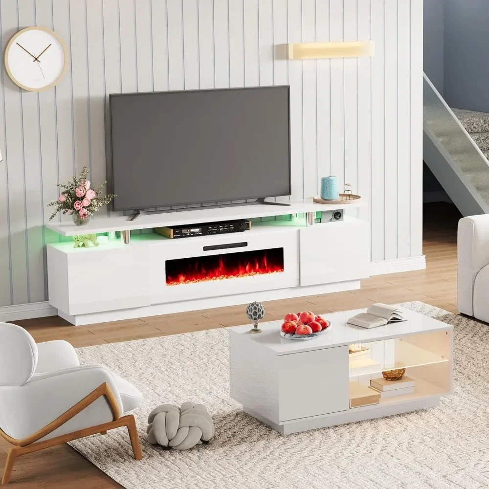 โมเดิร์น High GLOSS ห้องนั่งเล่นชุดโต๊ะ 3, รวม 80 "2 ชั้นเตาผิงขาตั้งทีวี,ไฟ LED Media Entertainment Center ชุด