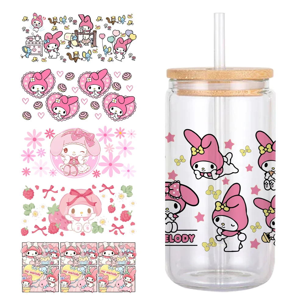 My Melody Sanrio Cute Pink UV DTF Wraps Sticker DIY For 16oz Cup Phone Laptop Waterproof Decals Coffee Cup Sticker