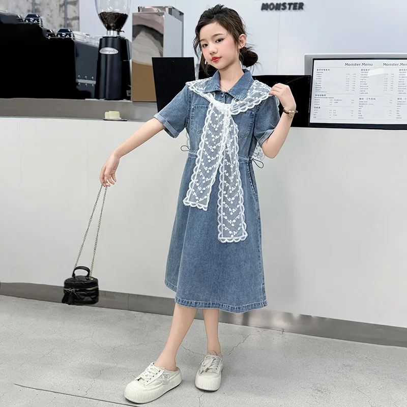 

New Girl Slim Fit Blue Denim Dress with Lace Shawl for Elegant Kids Child Summer Casual Clothes Turn Down Collar Denim Sundress