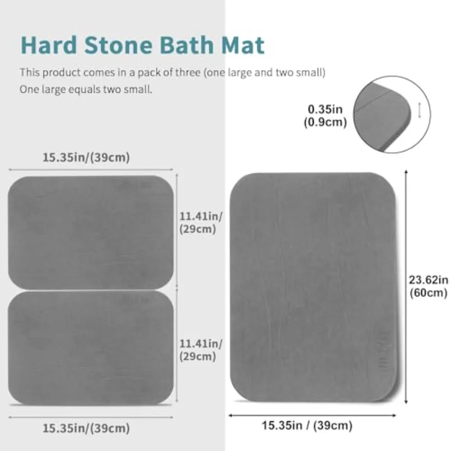 Stone Bath Mat, Set of 3, Diatomaceous Earth Shower Mat, Non-Slip Super Absorbent Quick Drying Bath Mat for Bathroom Floor, Gre