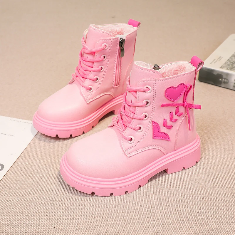 Girls Leather Boots Kids Fashion Rubber Boots Cool Soft Sole Pink with Love Side Zip Children Princess Boots Round-toe 2024 New