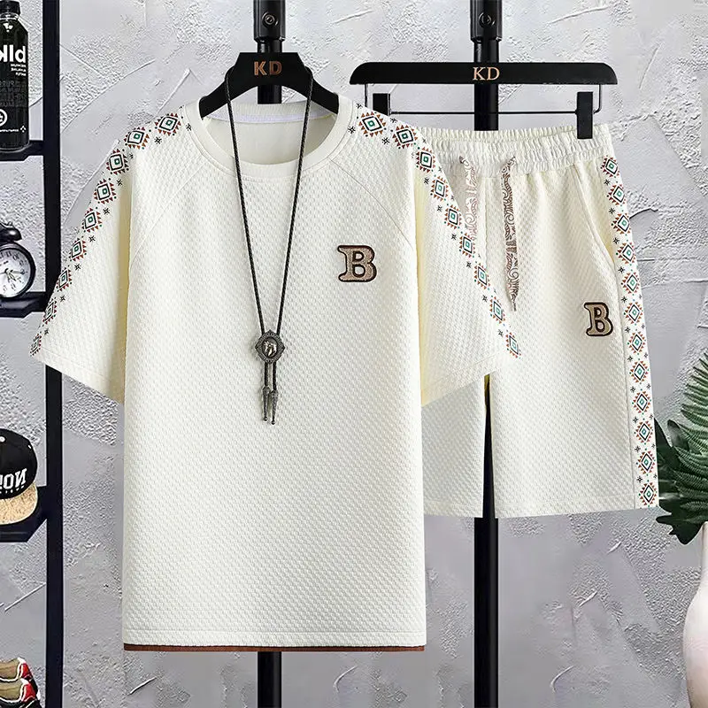 

Костюм вафельный мужской из шелка, высококлассная одежда для молодежи, тонкие повседневные спортивные шорты с коротким рукавом, комплект из двух предметов, лето