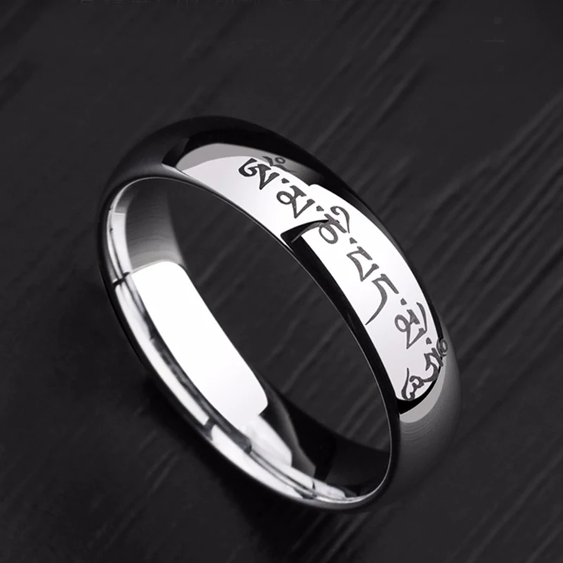 

Fashion Punk Religion Sanskrit Buddhist Charm Stainless Steel Ring Prayer Lucky Jewelry Gift for Men and Women Om Mani Padme Hum