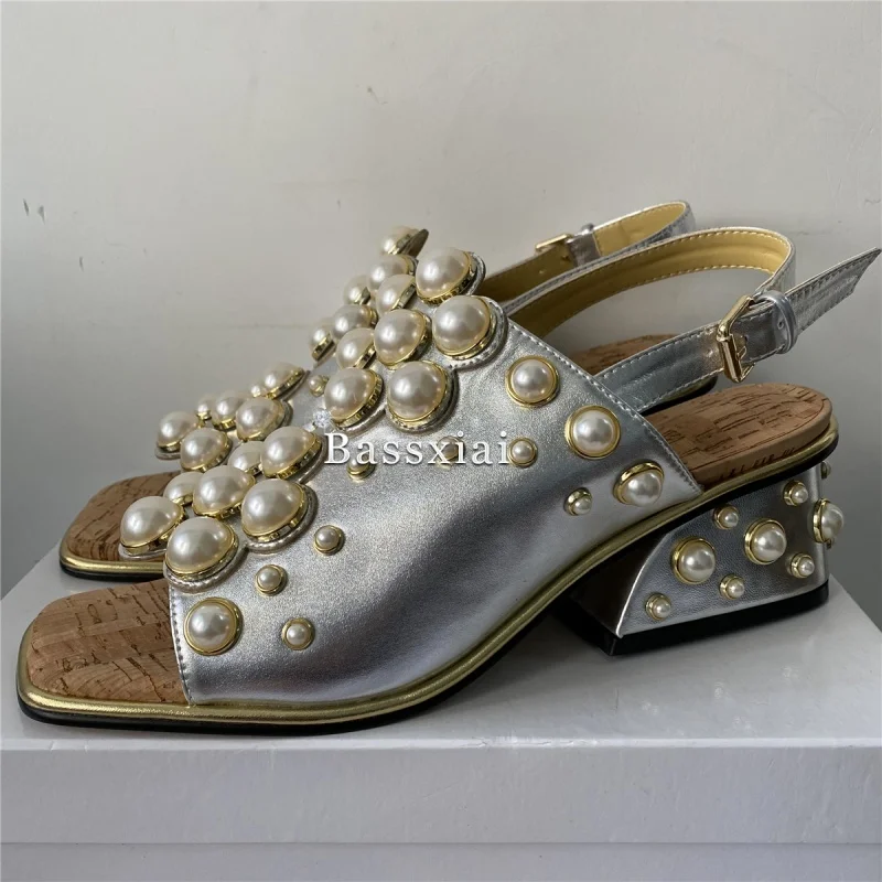 Luxury Beads Pearl Embellishment Sandals Women Genuine Leather Unique Fretwork Heel Party Shoes Summer