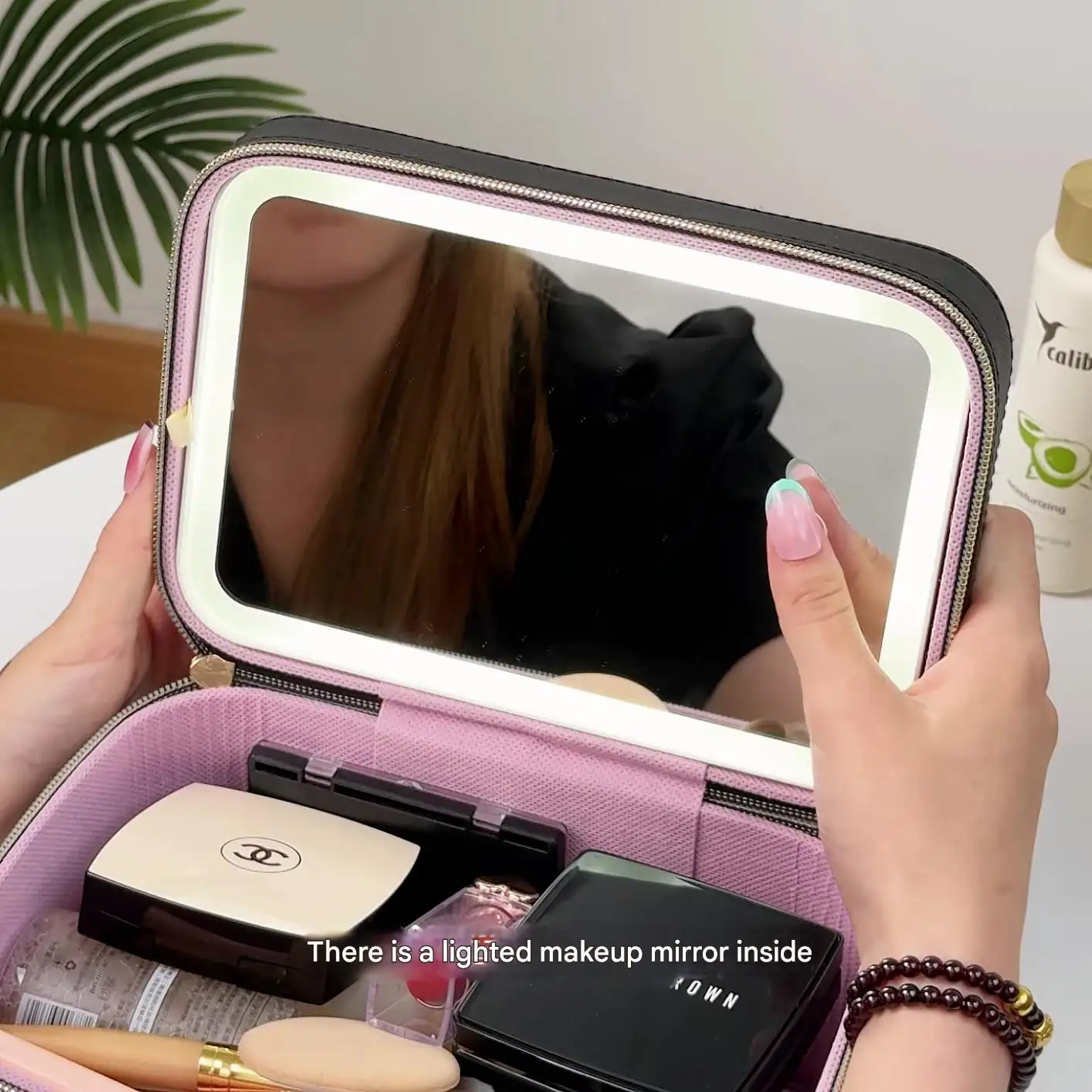 Bolsa de maquillaje, estuche de cosméticos de cuero dividido, neceser de viaje, caja organizadora de maquillaje colgante portátil, bolsa de viaje para mujer