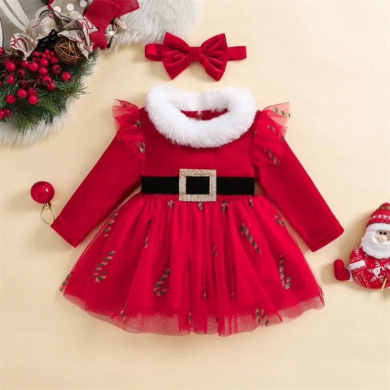 Baby Girl Christmas Outfits Solid Color Long Sleeve Tulle Dress + Headband Set Infant Winter 2 Pieces Clothes