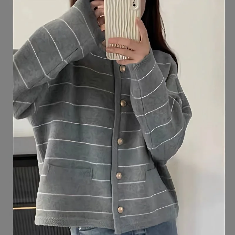 

French Elegant Striped Knitted Cardigan Women Winter Coat Round Neck Retro Sweater Simple Casual Clothes