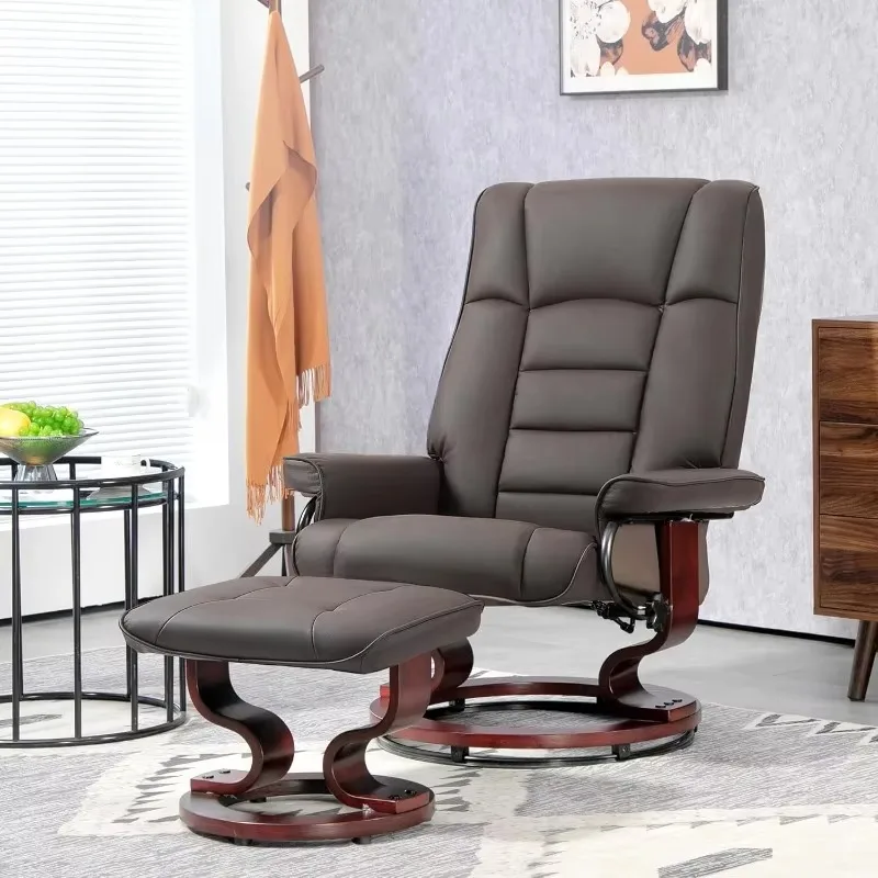 Faux Leather Reclining Chair, Recliner with Ottoman with High Back and Wood Frame for Living Room, Brown image 2