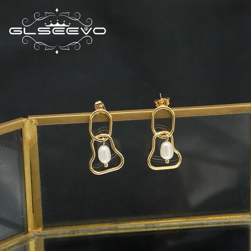 GLSEEVO Minimalist Original Design Geometric Nature Freshwater Pearl Earrings for Woman Korean Style Woman Temperament Jewelry