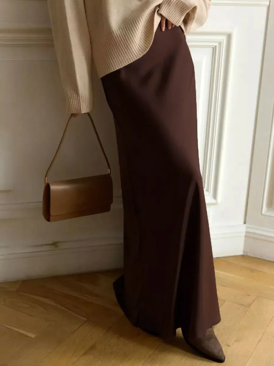 Wolfeel Casual Satin Damen Rock Frühling Sommer Mode Lose Hohe Taille Maxi Röcke Elegante Einfache Slik Fischschwanz Rock – Detail 27