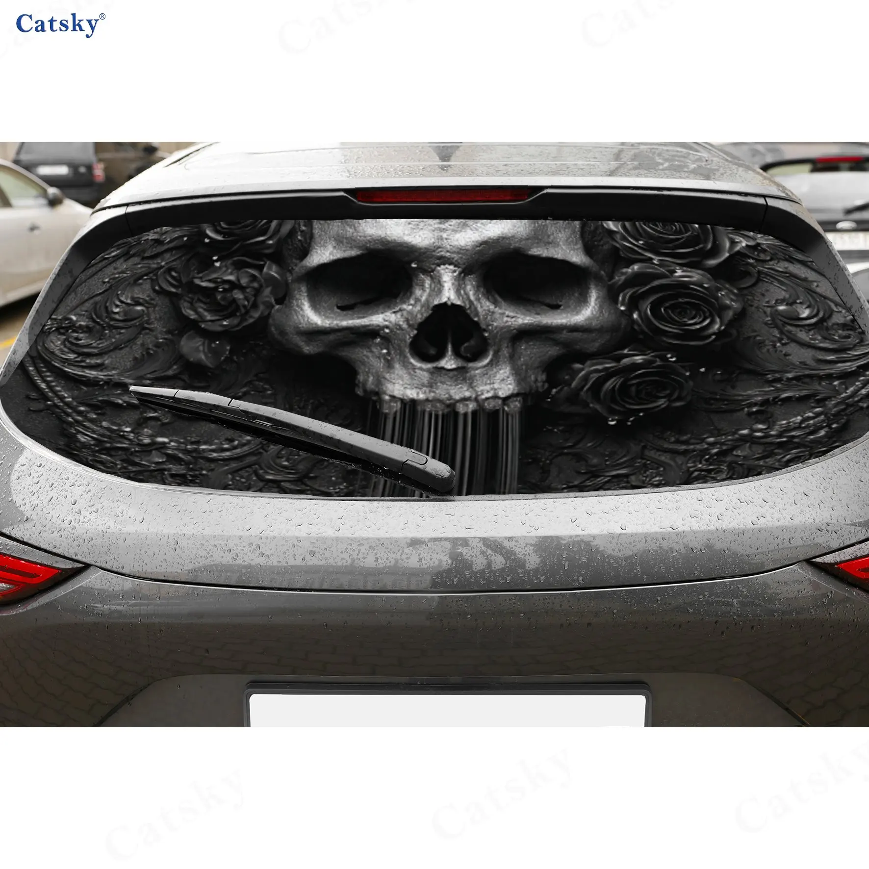 Distressed Skull Rose PVC Perforated Car Vinyl Wraps, Durable Car Windshield Sticker, Waterproof Car Window Decal