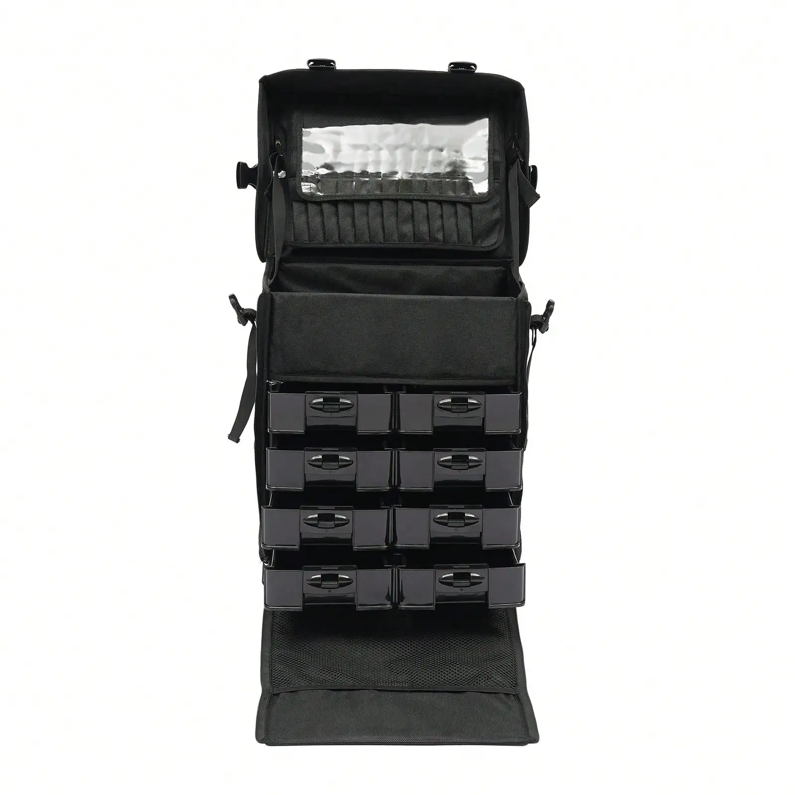 حقيبة مكياج احترافية مع 8 أدراج قابلة للإزالة و360 درجة °   عجلات |   عربة مستحضرات التجميل متعددة الطبقات باللون الأسود للسفر من MUA