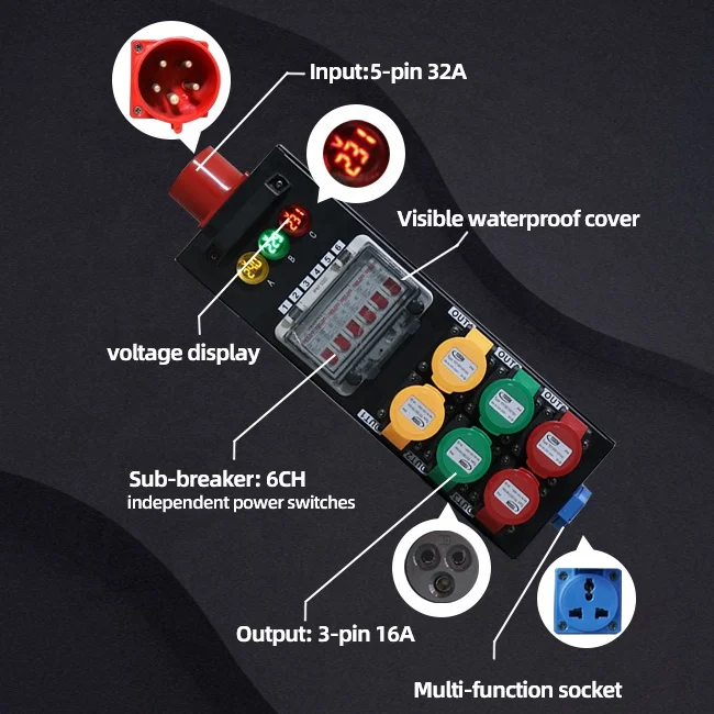 Rectangle Stage Lighting Controller Electrical Power Box Distro Equipment 6CH 16A Output Distribution For events