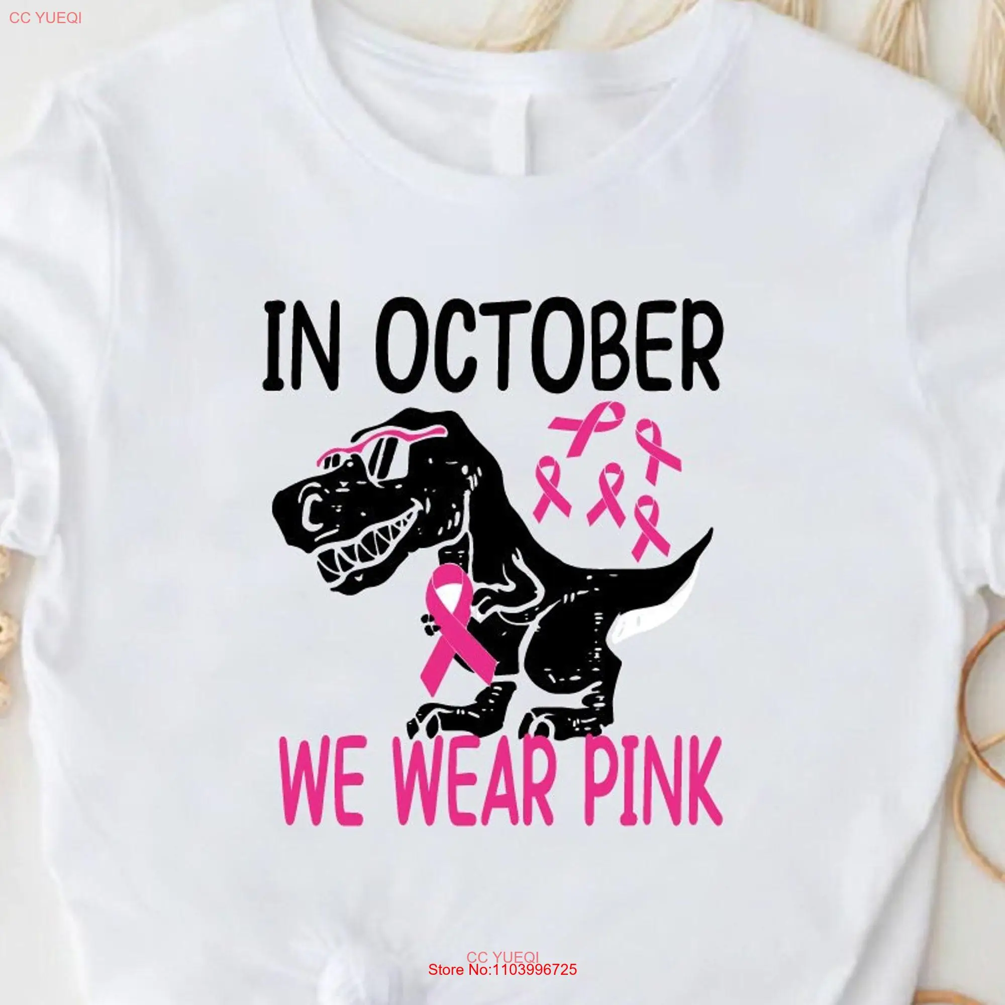 In October We Wear Pink T Shirt Breast Cancer Dinosaur Ribbon rex Kids Awareness Fighter long or short sleeves