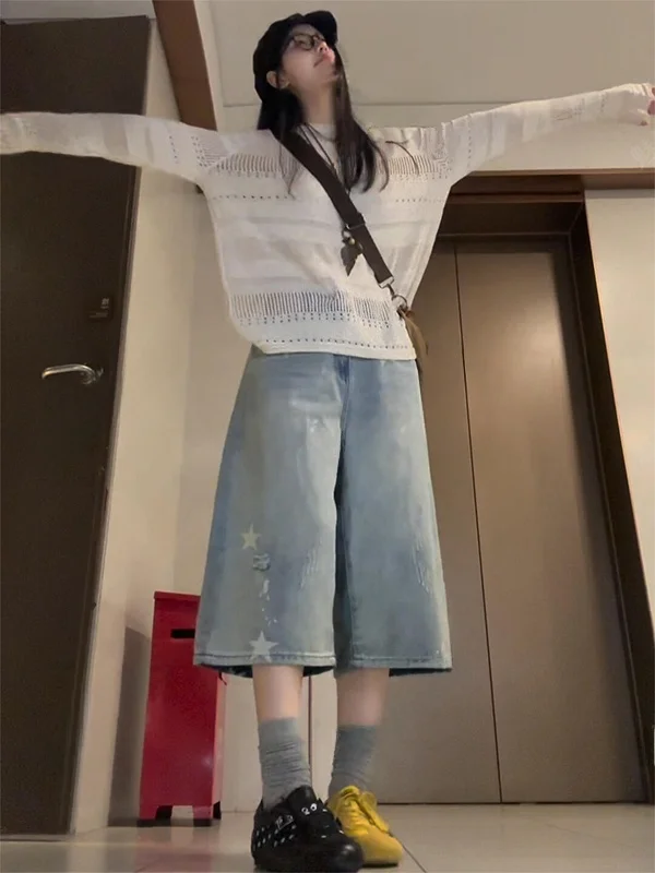 

Washed American Style High Waist Wide Leg Seven-Foot Denim Jeans Women Summer Spicy Street Straight Tube Mid-Pants