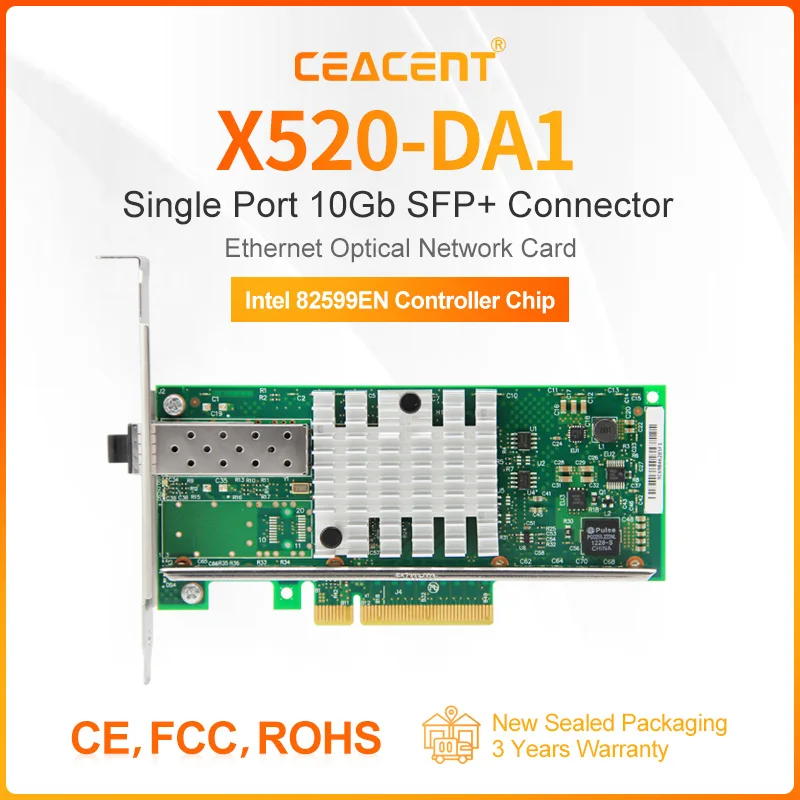 Tarjeta de red Intel 82599EN X520-DA1, 10 Gb/s, 1 puerto SFP + PCI Express X8 NIC, perfil y adaptador de servidor Ethernet de altura completa