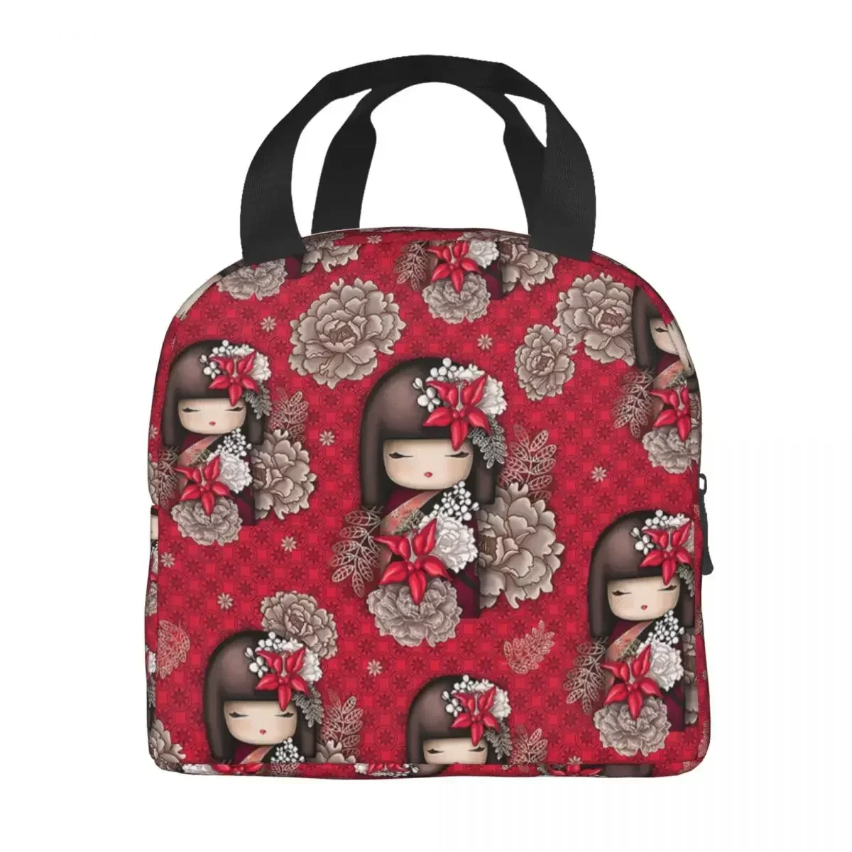 Custom Red Sakura Kokeshi Doll Japanese Insulated Lunch Bag for Women Leakproof Thermal Cooler Bento Box Kids School Children