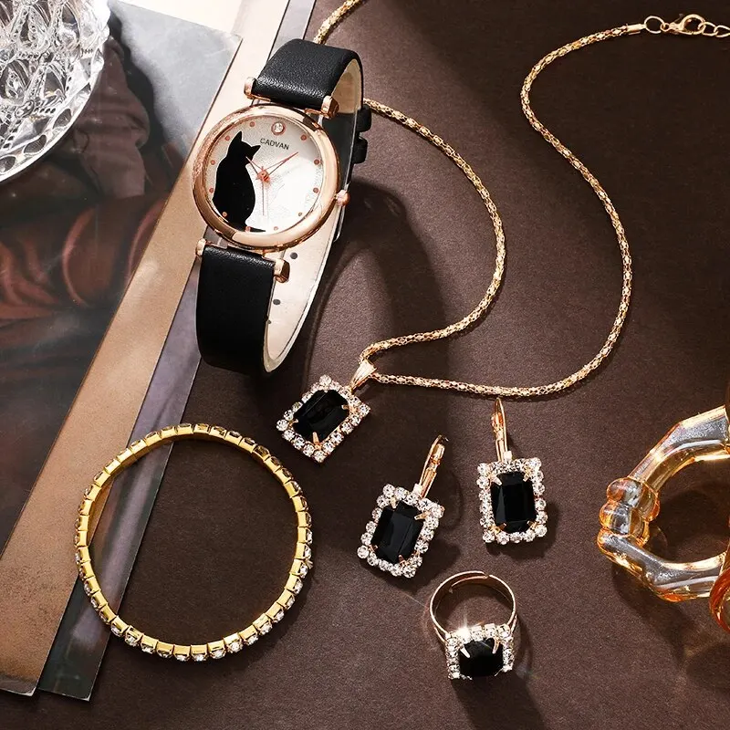 6PCS Set Women Fashion Quartz Watch Female Clock Cute Cat Dial Luxury Brand Design Ladies Leather Wrist Watch Montre Femme image 2