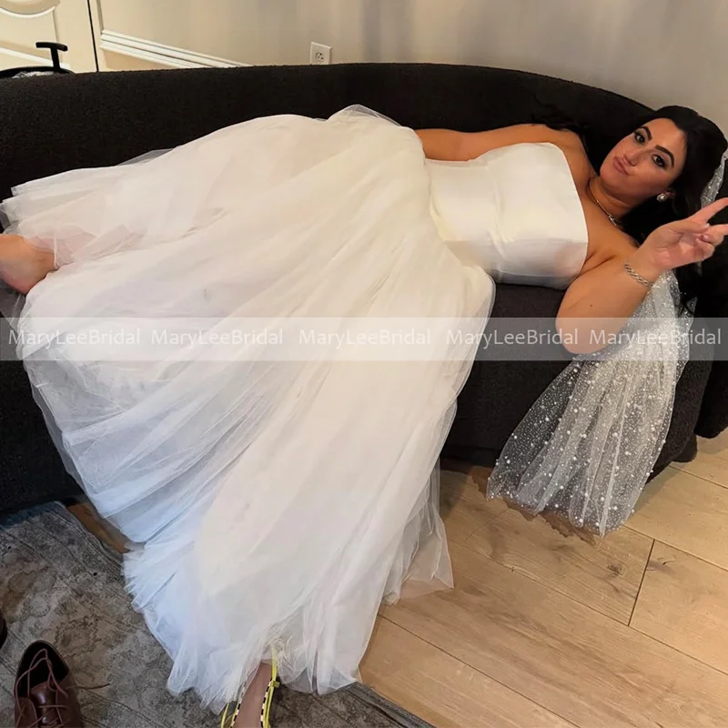 2026 Full Length Boho Wedding Dress Customized Strapless A-line Satin Bodice Tull Skirt Plus Size Bridal Gowns vestidos de novia