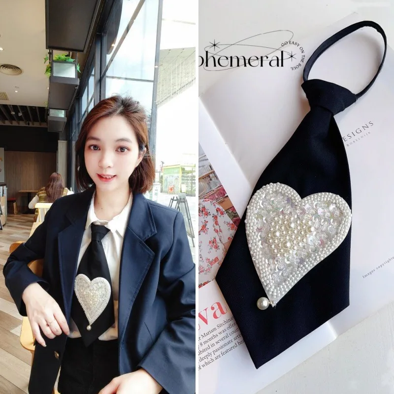 Pearl Heart Shapes Embroidery Necktie Bowtie Handmade Jewelry Korean Women's College Style Uniform Suit Shirt Accessories Ties