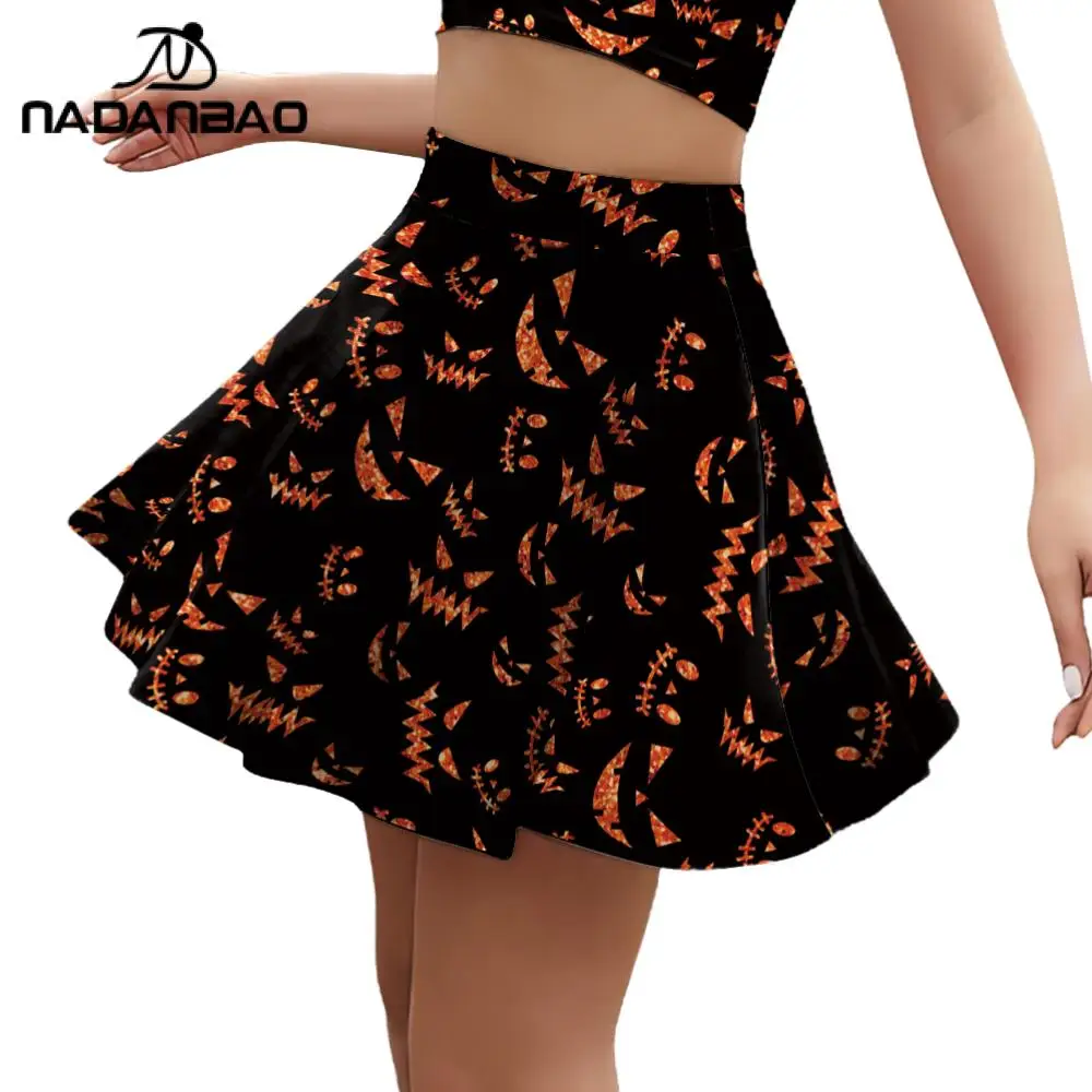 Nadanbao Fashion 3D Patchwork Print Skirt Halloween Holiday Women's Clothing High Waist Pleated Skirt Summer Student Skirts