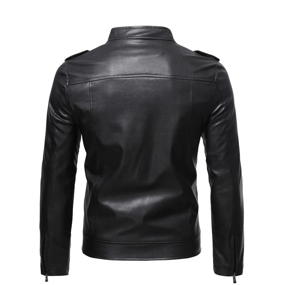 Regular Length Outerwear Men PU Leather Jacket For Autumn Outdoor Activities Long Sleeve Style Slim-fit Pattern