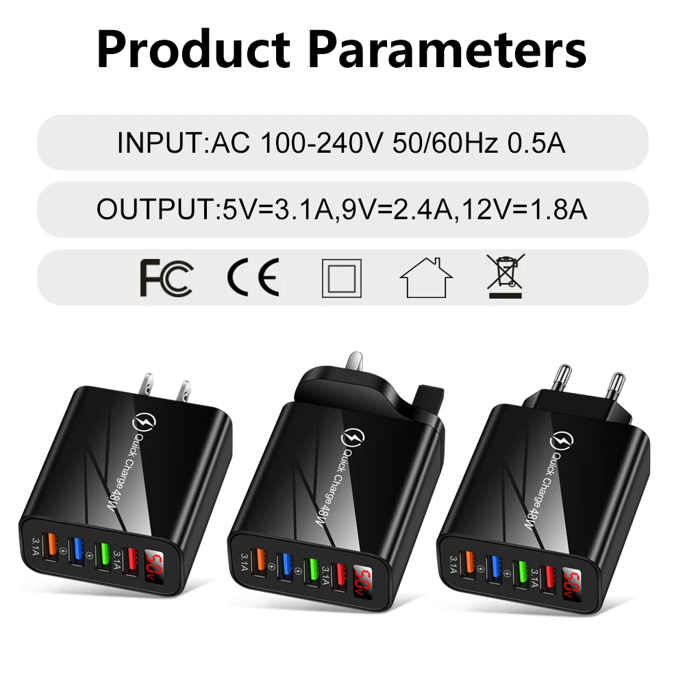 4USB Echt-zeit Variable Frequenz LCD Digital Display Telefon Ladegerät Adapter 5V 48W Netzteil Schnell Ladegerät für Handy