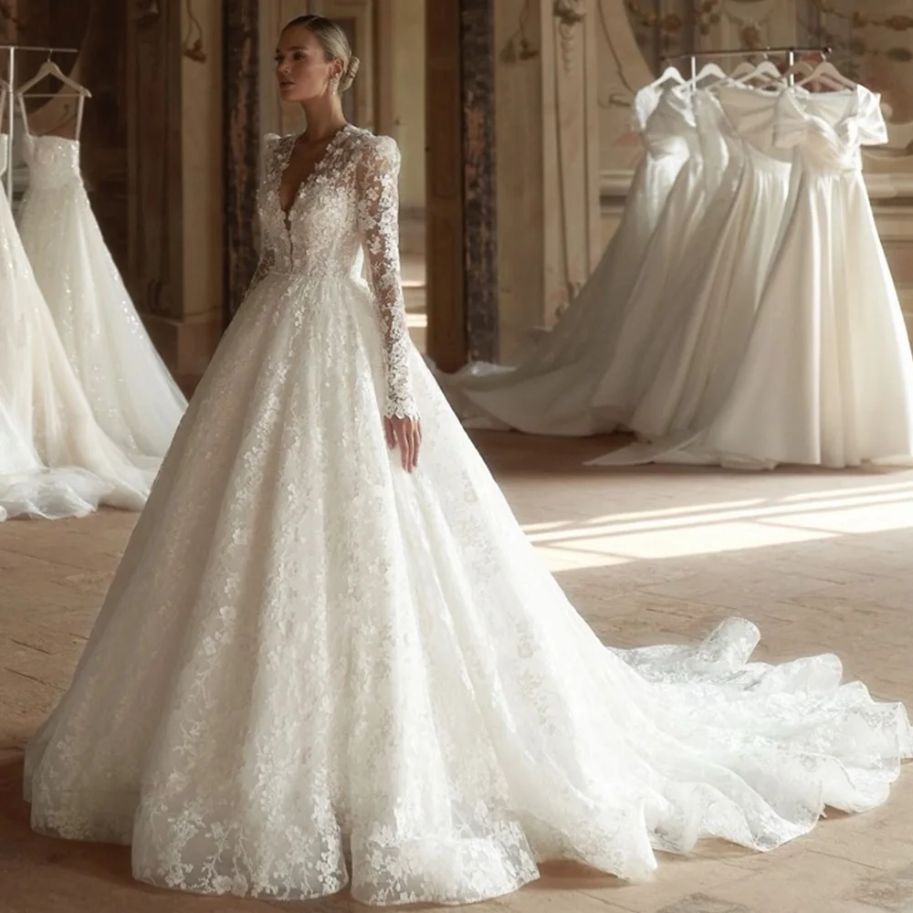 Customized Handmade Flowers Bridal Gown Elegant Deep V-neck Long Sleeves Wedding Dress Dreamy Appliques Organza Vestido De Novia
