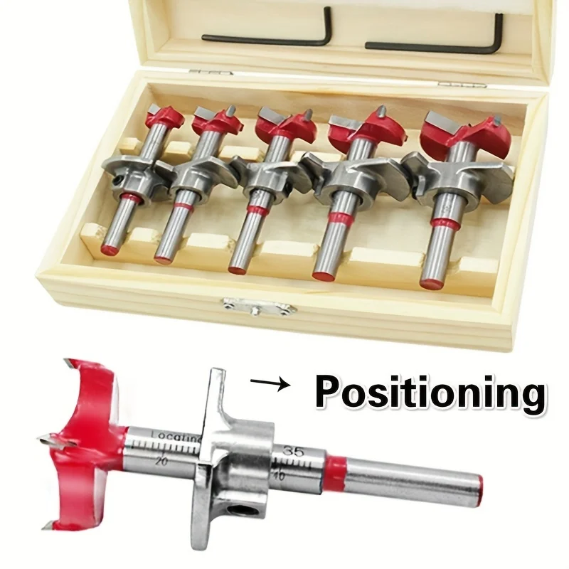 Woodworking Hole Opener Set with Positioning Tool, Adjustable Carbide Flat-Wing Drill Bit for Hinge Expansion 15-35mm (with Wooden Box)