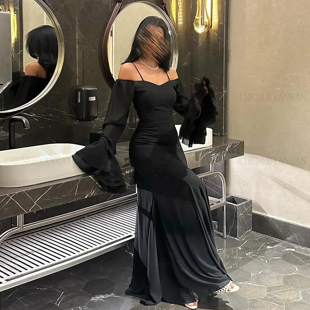 Chiffon Elegant Formal Occasion Dresses 2024 Trumpet Sleeves Long Ball Gowns Simple Black Sexy Evening Party Gown فساتين الحفلات