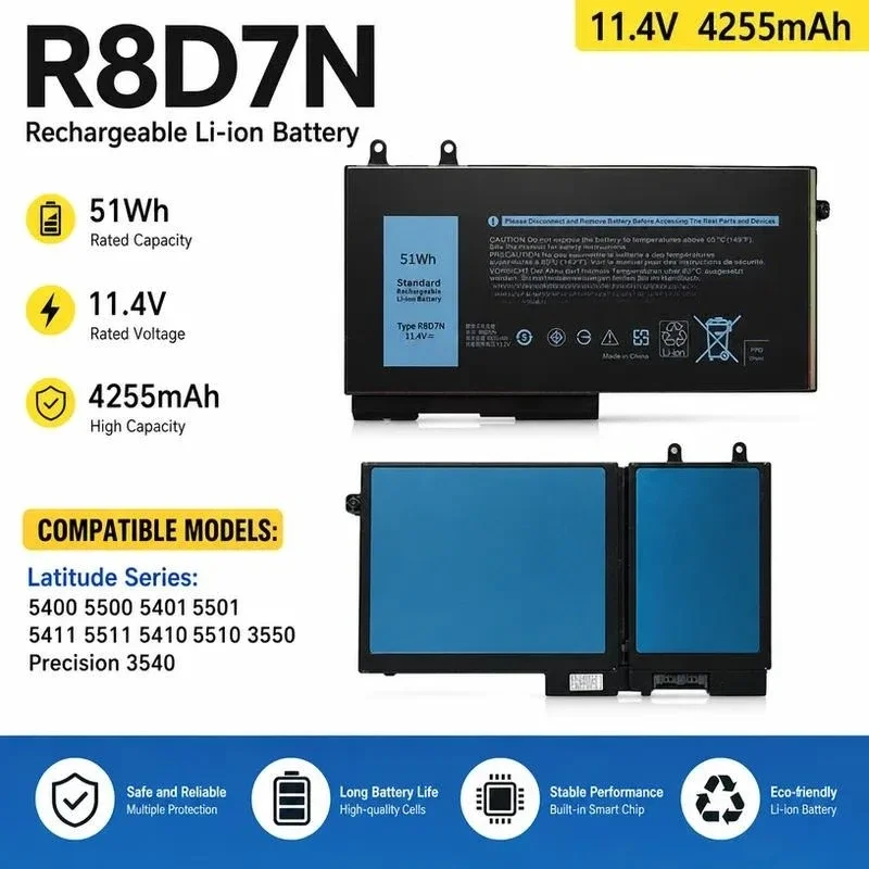 11.4V 4255mAh 1V1XF R8D7N Li-ion Laptop Battery For Dell Precision M3540 3550 5400 Rechargeable Replacement
