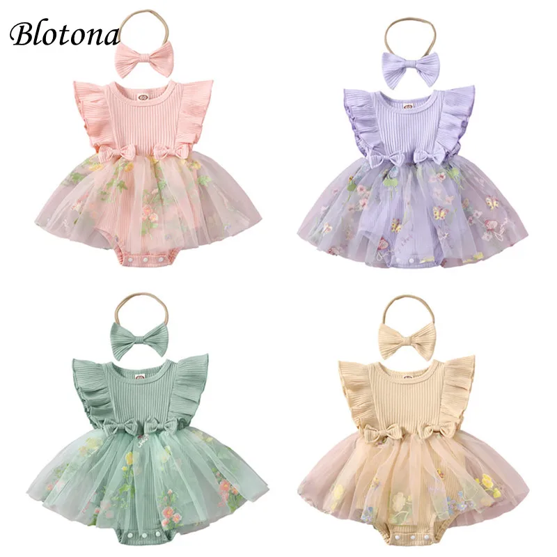 

Blotona Baby Girls Romper Dress Fly Sleeve Flower Embroidery Tulle Skirt Hem Infant Bodysuits Summer Clothes with Headband