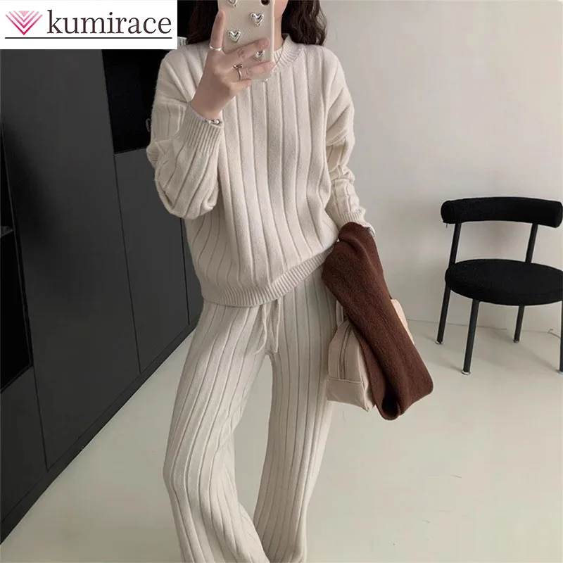 

Knitted Suit Women's Autumn and Winter New Style Simple Round Neck Pit Stripe Sweater+wide Leg Pants Two-piece Set Pant Sets