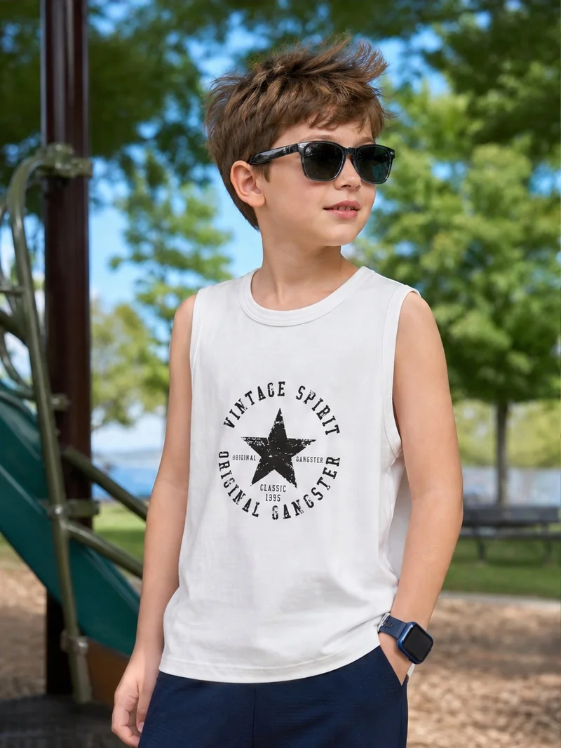 Boys Cotton Singlet Vintage Five‑Pointed Star Graphic Print Summer Kids Sleeveless Top 3-14Y