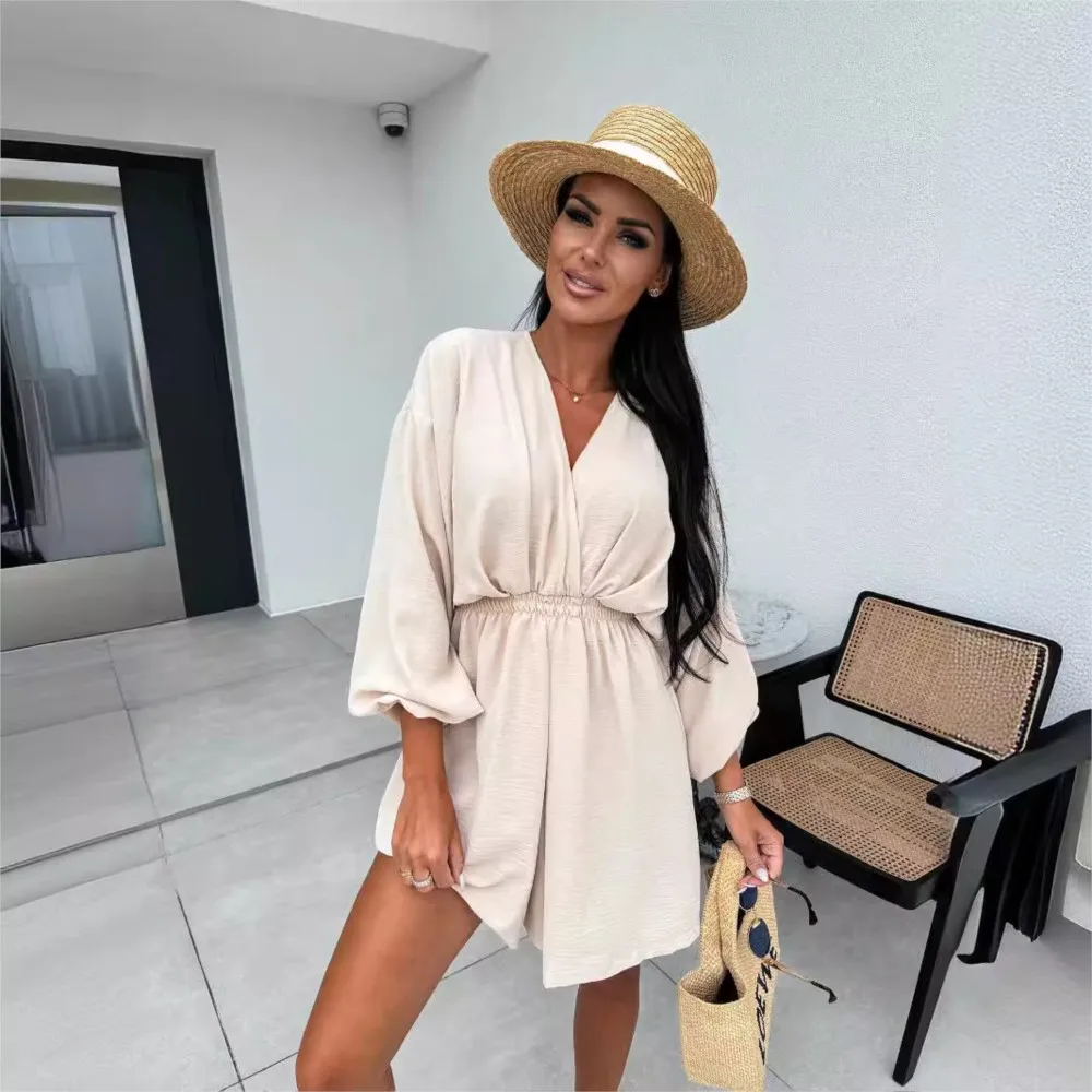 Lady Sexy Solid Color Elastic Waist Vacation Style Dress 2024 Autumn Long Sleeved V-neck Khaki Big Swing Dress Women Beachwear