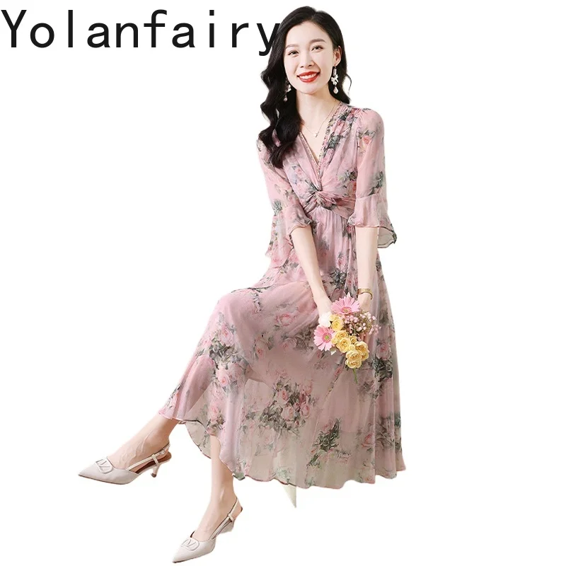 YOLANFAIRY 100% vera seta di gelso abito donna dolce ed elegante abiti da vacanza abbigliamento donna abito lungo floreale maniche svasate