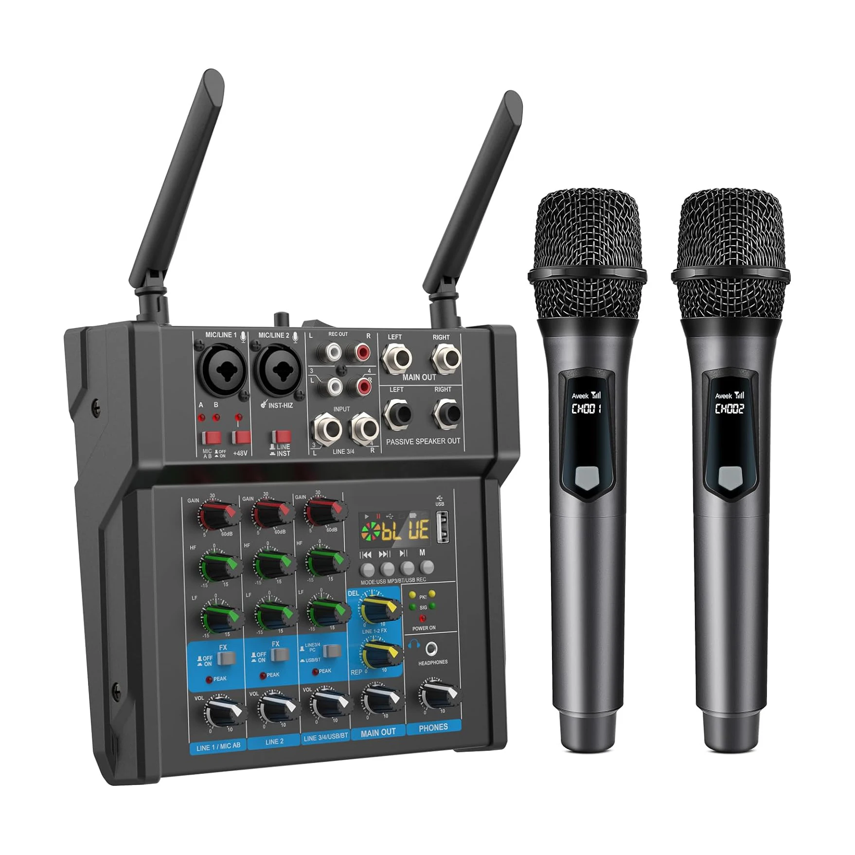 

Brand New 4-Channel Audio Mixer Amplifier with 200W Powered Wireless Microphone 200W Audio Mixer 4 in 1