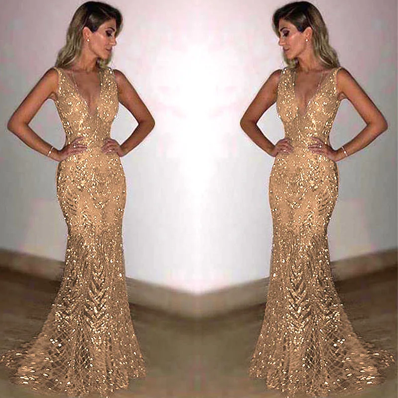Spring Summer 2024 Cross-Border New Women's Dr Svel V-Ne Long Dr Gold Sprinkled See-Tough Evening Gown