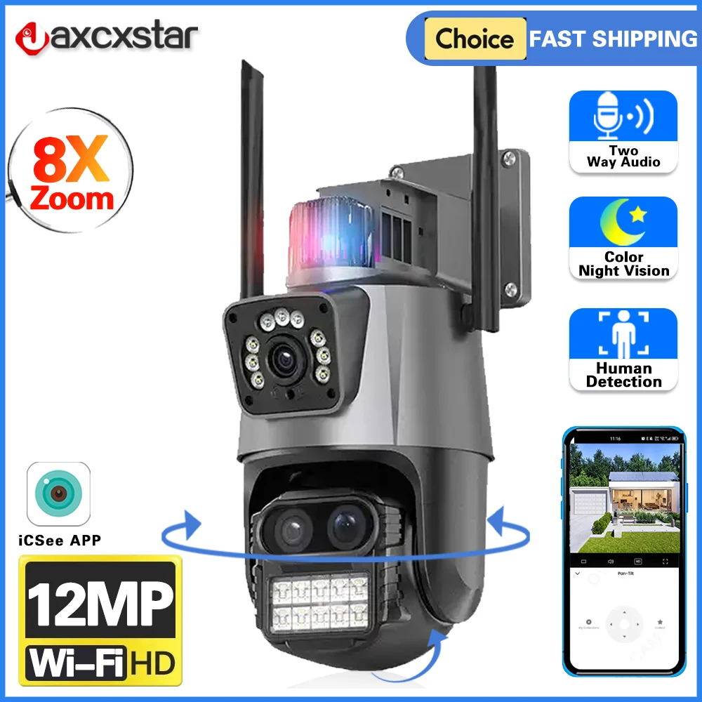 

6K 12MP Wireless OutdoorICSee Smart Three Lens 8X Zoom Video Surveillance IP Camera CCTV Auto Tracking Light Alarm