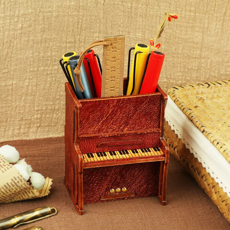 Handmade Vintage Piano Musical Instrument Cowhide Office Accessories Storage Genuine Leather Ornament Classroom Desktop Storage