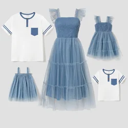 PatPat Family Matching Button Tee and Shirred Spliced Tiered Mesh A-Line Dress Sets Suitable for Summer Season Basic Style