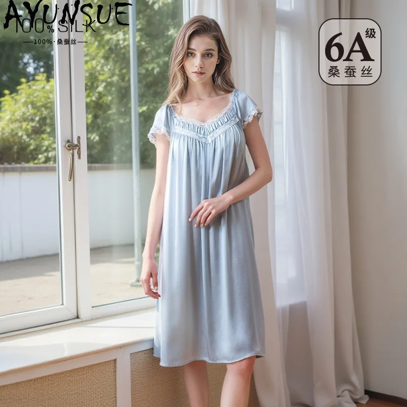 AYUNSUE 100% Silk Night Dresses for Woman Cute Princess Dress with Chest Pad Short Sleeve Nightgowns Pajamas for Women Пижама